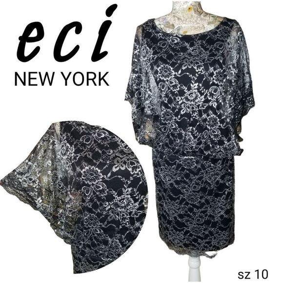 Black Sheer Metallic Silver Sparkle Floral Lace Little Black Dress - Picture 2 of 12